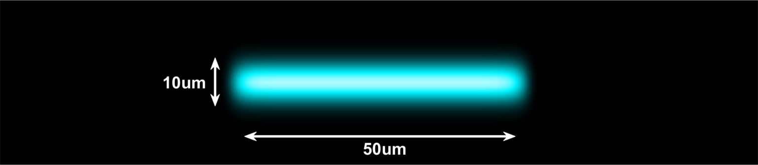 488nm (Cyan) laser Top Hat projection with 50um x 10um dimensions