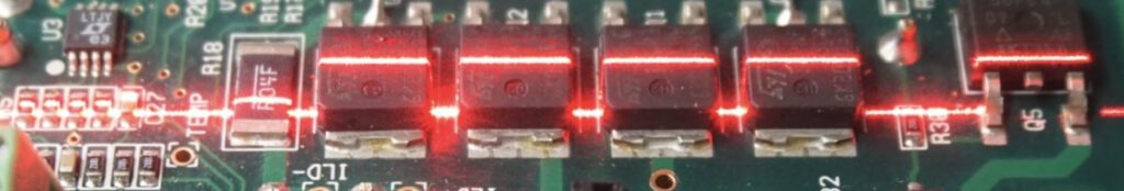 PCB inspection application by projecting Osela micron focus laser line across PCB for 3D component analysis and inspection